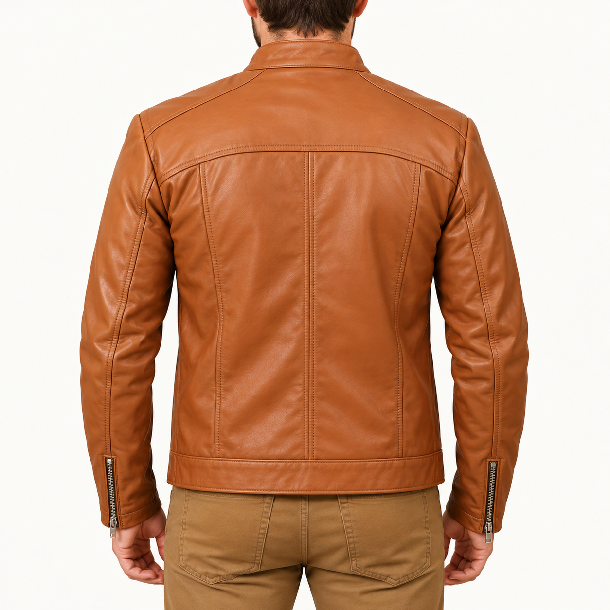 Men's Classic Tan Brown Leather Café Racer Jacket – Stand Collar Zip-Up Jacket Gallery